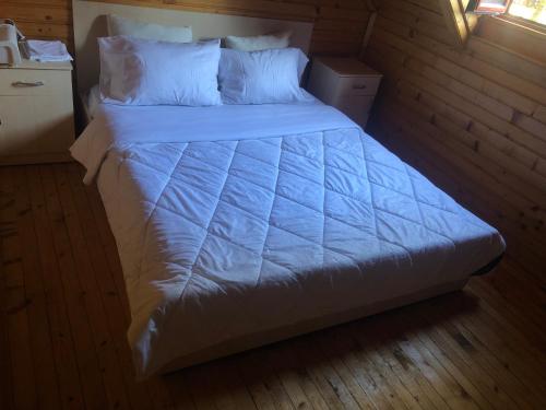 Koplik的住宿－Vila Kanadeze，卧室配有带白色棉被的床