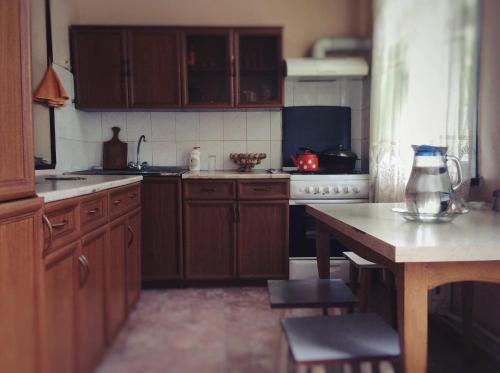 a kitchen with wooden cabinets and a table with a blender at Hostel Mana Kutaisi in Kutaisi