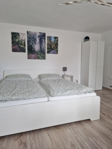 a white bed in a room with paintings on the wall at Waldbergperle Ernsbach in Forchtenberg