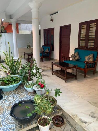 a living room with potted plants on the floor at Marina guest house in Kovalam