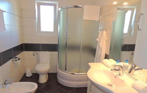 a bathroom with a shower and a toilet and a sink at Apartments Drpic in Gabonjin