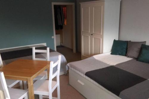 ein Schlafzimmer mit einem Bett, einem Tisch und einem Stuhl in der Unterkunft Byt v Sonnenalm 7 , 8983 Bad Mitterndof in Bad Mitterndorf