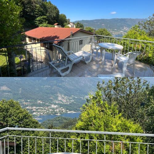 two pictures of a balcony with a table and chairs at Casa de Casarelhos - Andar da Moradia com terraço - Vistas rio - "Gerês" in Geres