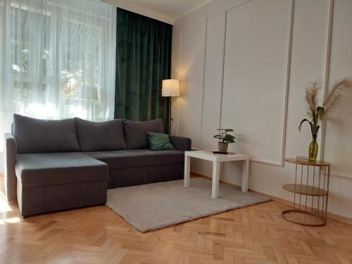 a living room with a couch and a table at Apartament Finezja in Sandomierz