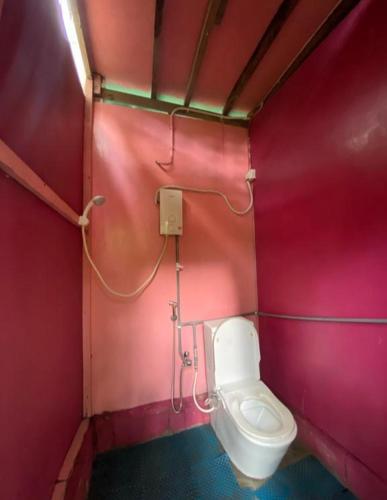 a bathroom with a toilet in a pink wall at Eco Jungle Lodge Juara Tioman in Tioman Island