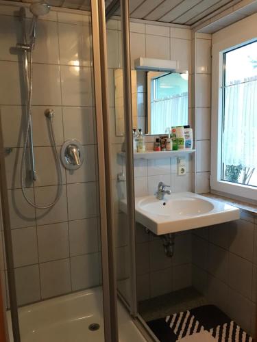 a bathroom with a sink and a shower at Pension Grüner Baum 