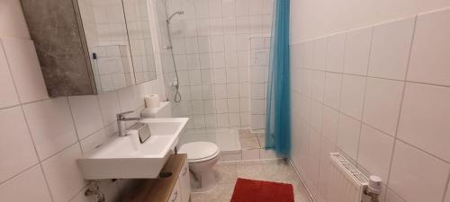 ein weißes Bad mit einem Waschbecken und einem WC in der Unterkunft Ap 10 - 2 SZ bei Helmstedt und Oschersleben in Ausleben