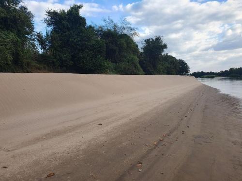 una spiaggia con impronte di piedi nella sabbia accanto all'acqua di Angkor Bird Nest Resort 