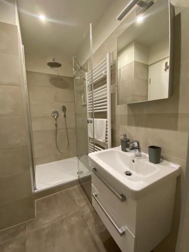 a bathroom with a sink and a shower with a shower at Útulný apartmán u Mumlavských vodopádů in Harrachov
