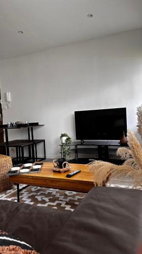 un salon avec une table basse et une télévision à écran plat dans l'établissement Appartement T1bis Saint Herblain, à Saint-Herblain