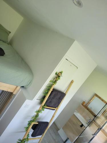 a room with two stairs with a bed and a mirror at Appartement T1bis Saint Herblain in Saint-Herblain
