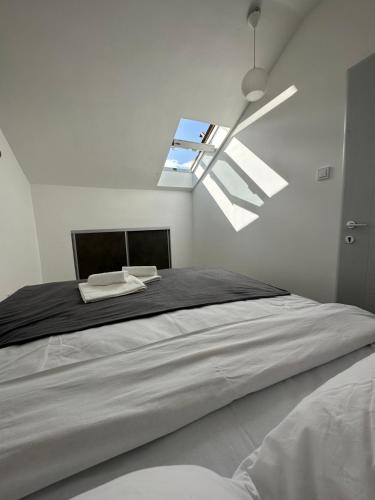 sypialnia z dużym łóżkiem i oknem dachowym w obiekcie Apartment Stari Aerodrom w mieście Podgorica
