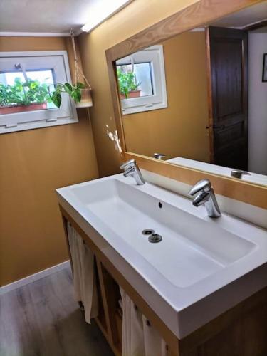 y baño con lavabo blanco y espejo. en Charmant appart avec extérieur en Aigues-Mortes
