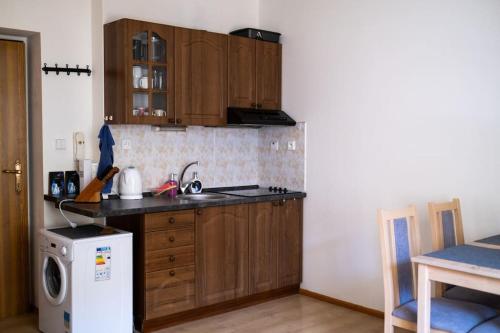 a kitchen with wooden cabinets and a sink and a dishwasher at Útulný byt ve Špindlerově Mlýně in Špindlerův Mlýn