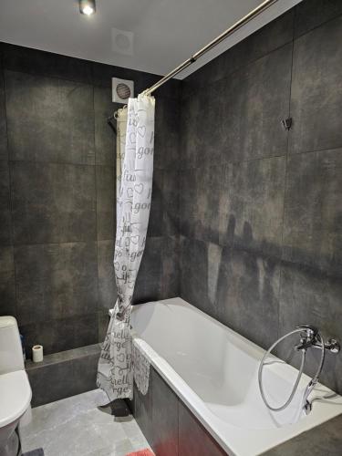 a bathroom with a tub and a shower curtain at Premium apartments 2 in Lviv