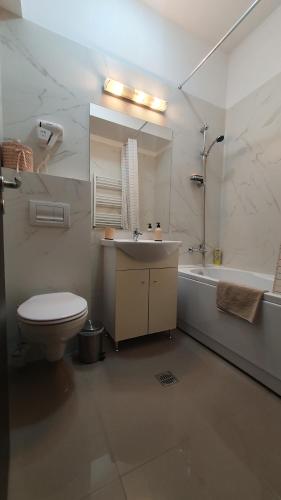 een badkamer met een wastafel, een toilet en een bad bij Studio 28 - 1 camera Lazăr Residence ultracentral in Iaşi