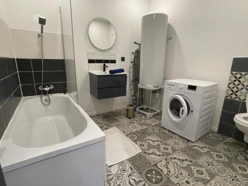 a bathroom with a sink and a washing machine at L'Elégant T2 - Calme et Spacieux in Lens