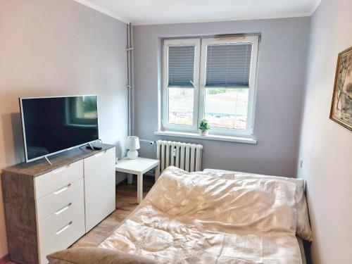 a bedroom with a bed and a tv and a chair at Pogodne Suwałki Centrum in Suwałki