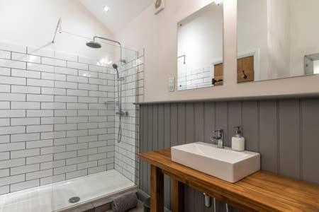 a bathroom with a white sink and a shower at Gilliflower 1 bedroom cottage at Trethwale Barns Holiday Home in Saint Keyne