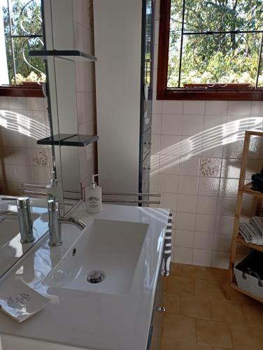 W łazience znajduje się biała umywalka i lustro. w obiekcie le gite de margot w mieście Beyssac