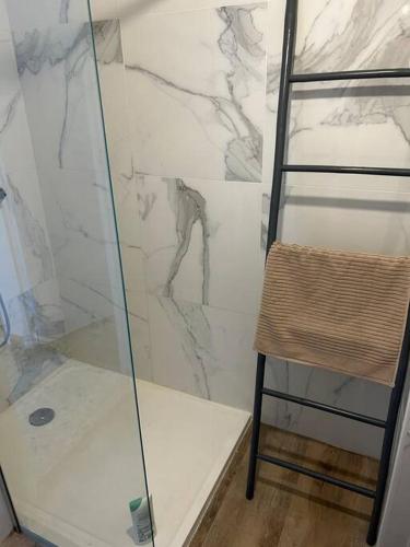 - une douche en verre avec une chaise dans la chambre dans l'établissement Appartement spacieux bien situé, à Marseille