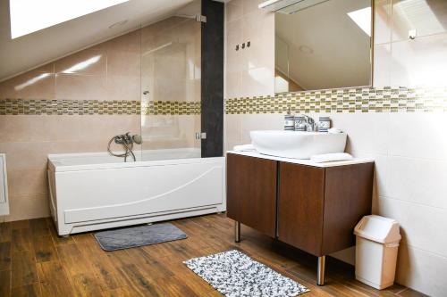 uma casa de banho com um lavatório, uma banheira e um espelho. em Studio apartment OAZA em Sisak