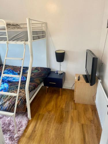 a bedroom with a bunk bed and a television at Double bed room in a Peaceful home in Morriston