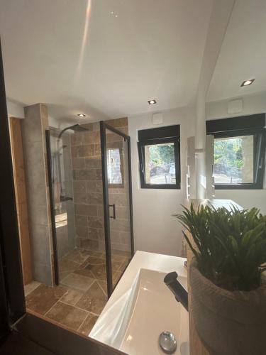 a bathroom with a shower and a bath tub at Chez Anabelle in Saint-Éloi