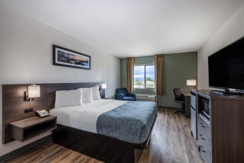 um quarto de hotel com uma cama e uma televisão de ecrã plano em Wingate by Wyndham Butte City Center em Butte