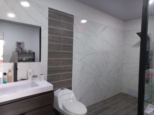 een badkamer met een wastafel, een toilet en een spiegel bij CasaSpa in La Dorada