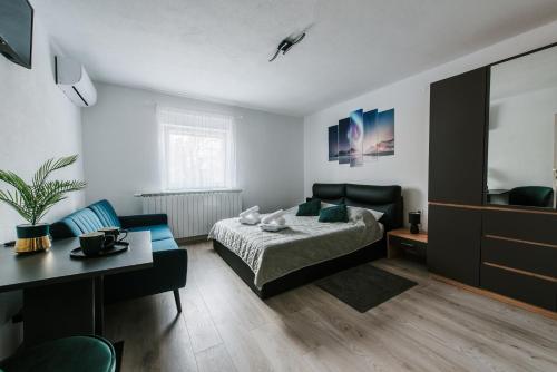 1 dormitorio con 1 cama, escritorio y TV en Kuća dide Joze, en Velika