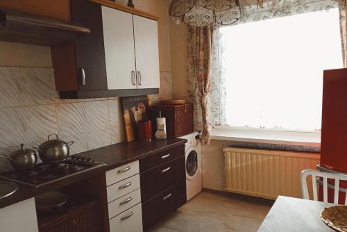 a kitchen with a stove top oven next to a window at Dviejų kambarių butas in Tauragė