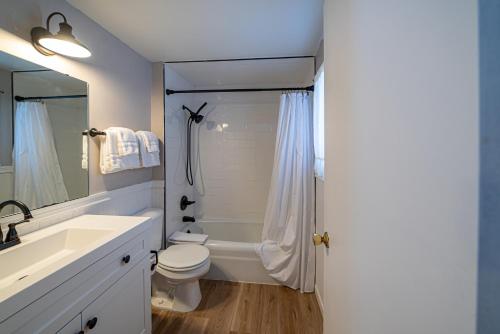 a white bathroom with a toilet and a sink at Star Gate Motel in Indian River