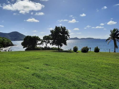 a field of grass next to a body of water at Studio de rêve dans un village de vacances - Salle de bain rénovée 2024 - Clim rénovée 2025 in Sainte-Luce