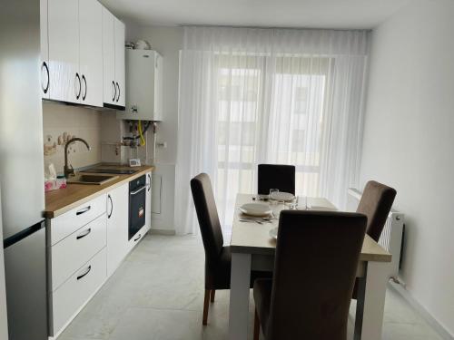 a kitchen with a table and chairs in a kitchen at SNC Residence V in Şelimbăr