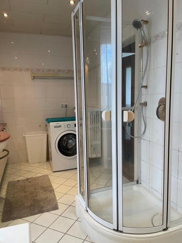 a shower in a bathroom with a washing machine at Pension zum Landhaus in Drewitz