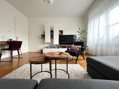uma sala de estar com um sofá e uma mesa em Apartman Cvjetnjak em Čakovec