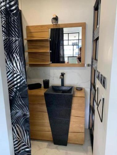 une salle de bain avec un lavabo et un miroir dans l'établissement Luxe naturist 3 étoiles vue mer D46, au Cap d'Agde