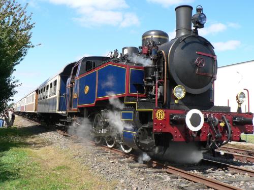 un tren de vapor que viaja por las vías en Le petit Alpaga, en Les Herbiers