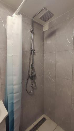 a shower with a shower curtain in a bathroom at Burtnieku 33 in Rīga