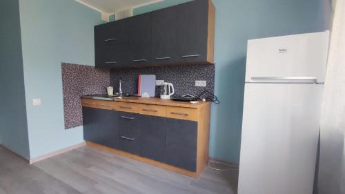 a kitchen with black cabinets and a white refrigerator at Burtnieku 33 in Rīga