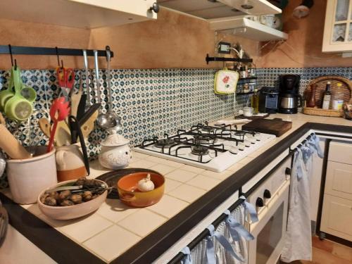 een keuken met een fornuis en een aanrecht bij Countryhouse Maratea coast Pollino Park in Nemoli