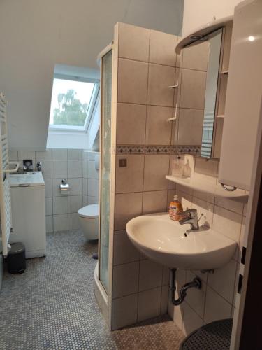 ein Bad mit einem Waschbecken und einem WC in der Unterkunft 2 1/2 Zimmer Apartment in Hannover / Nord in Hannover