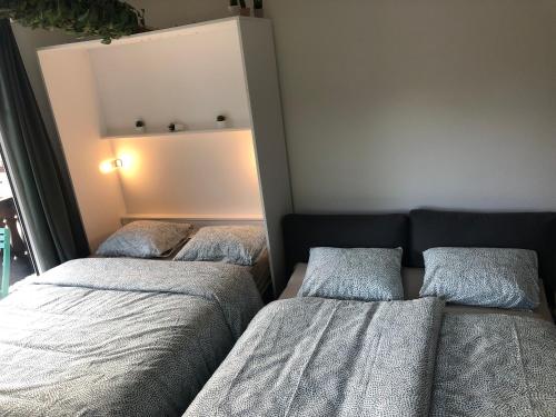 1 Schlafzimmer mit 2 Betten und einem Schrank in der Unterkunft Charmant studio idéalement situé in Gryon