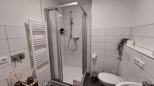 a bathroom with a shower and a toilet at Central for 8 - 2 Apartments - 2 kitchen - 4 beds in Bochum