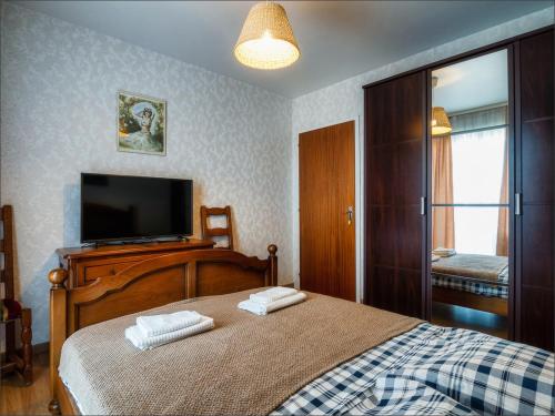 um quarto com uma cama e uma televisão de ecrã plano em Chambre à deux pas du Tram Strasbourg em Lingolsheim
