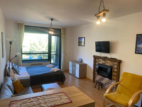 a living room with a bed and a fireplace at Cosy studios with mountain view near Bansko in Razlog