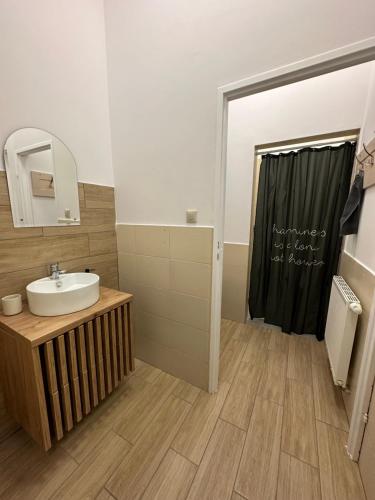 a bathroom with a sink and a shower at Apartament Oksford 1 in Okszów