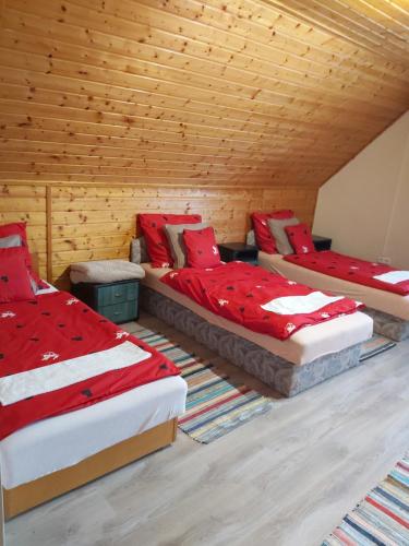 three beds in a room with wooden ceilings at Panoráma Apartmanház in Abaújszántó