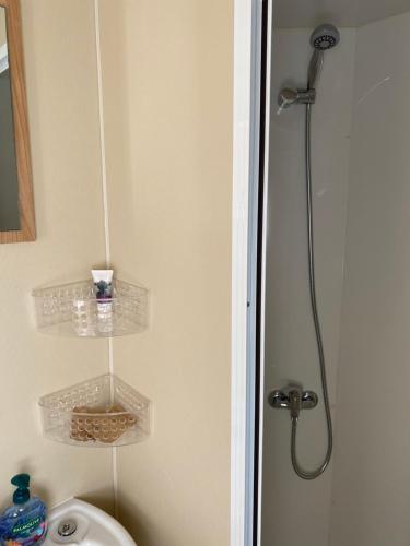 a bathroom with a shower with a toilet and a sink at Stacaravan Middelkerke in Middelkerke